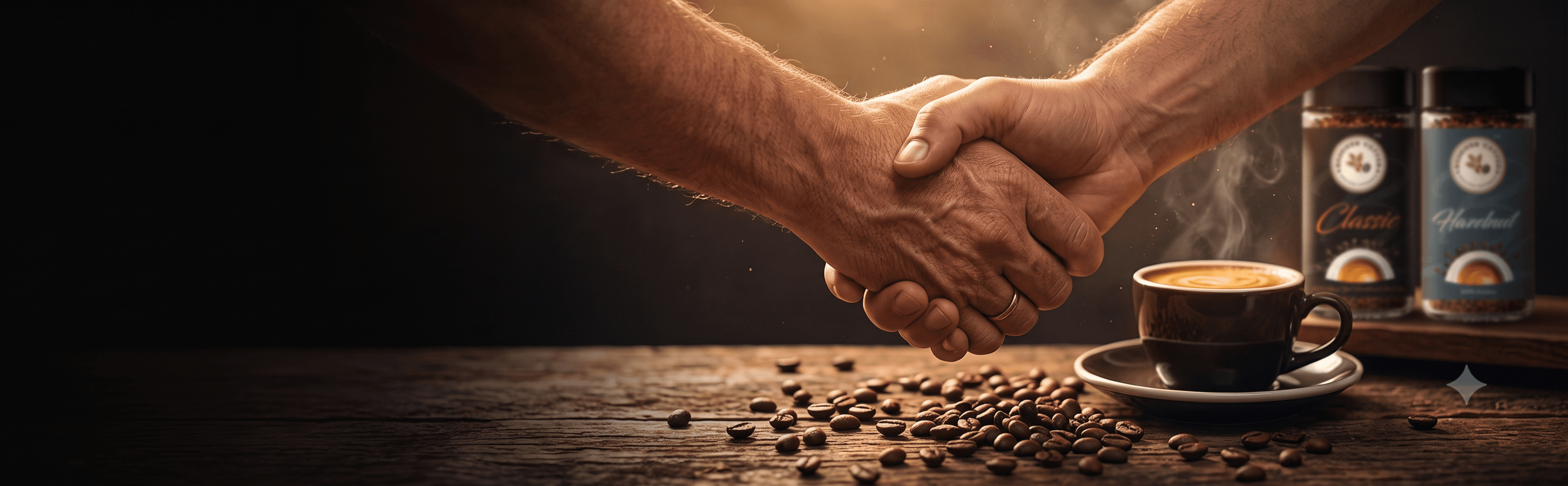 Two hands clasped in a handshake over a wooden counter with coffee beans, a latte, and Bereiken jars